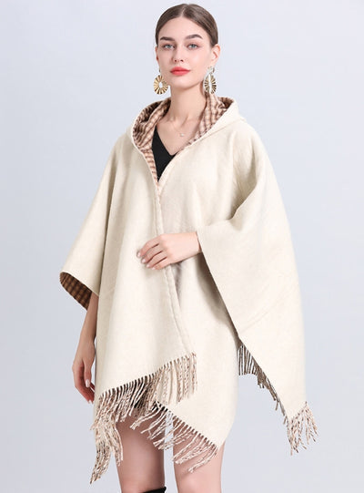 Double-sided Hooded Tassel Check Shawl Cloak