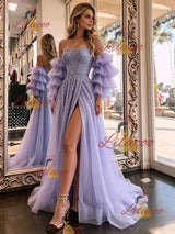 Purple Tulle Sequins Puff Sleeve Prom Dress