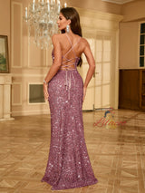 Purple Sequins Sapghetti Straps Split Prom Dress