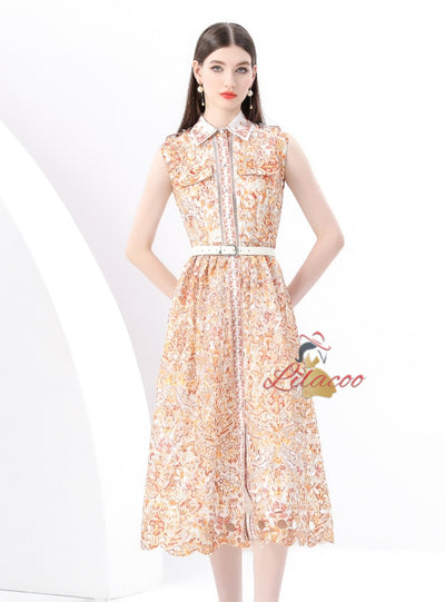 Retro Silm Waist Lapel Print Long Dress