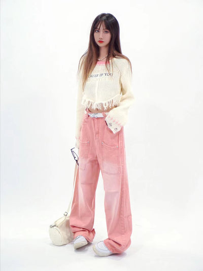 Retro Pink Loose Straight Wide-leg Jeans