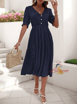 Casual Puff Sleeve Pleated V-neck Dress