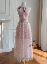 Pink Tulle 3D Flower Straps Bow Prom Dress
