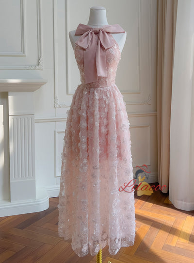 Pink Tulle 3D Flower Straps Bow Prom Dress