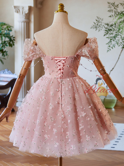 Pink Tulle Flower Beading Off the Shoulder Homecoming Dress