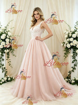 Pink Tulle V-neck Appliques Wedding Dress
