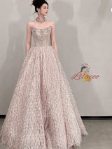 Pink Strapless Beading Crystal Prom Dress