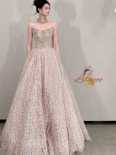 Pink Strapless Beading Crystal Prom Dress