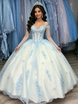 White Tulle Appliques Long Sleeve Quinceanera Dress