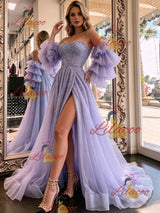 Purple Tulle Sequins Puff Sleeve Prom Dress