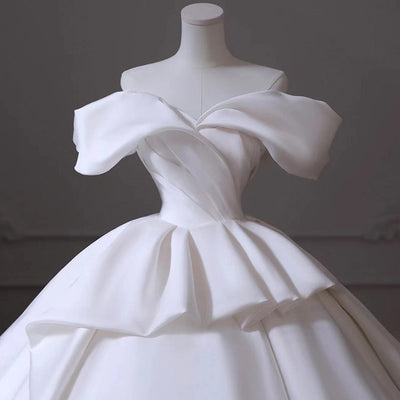 White Satin Off the Shoulder Pleats Wedding Dress