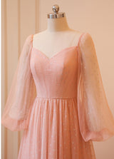Pink Tulle Sequins Long Sleeve Prom Dress