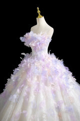 White Tulle Strapless Purple Appliques Dress