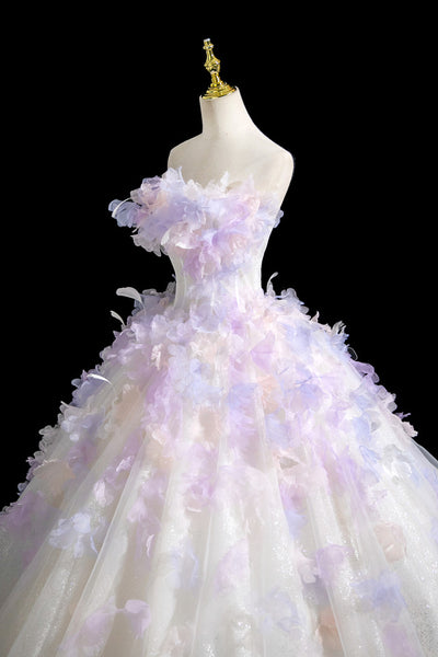 White Tulle Strapless Purple Appliques Dress