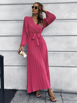 V-neck Long-sleeved Pleated Long Dress