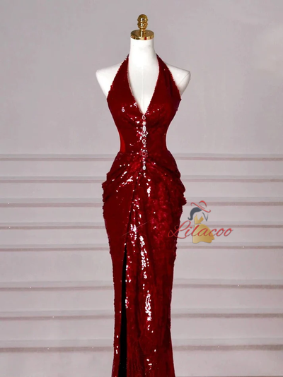 Burgundy Mermaid Pleats Backless Prom Dress
