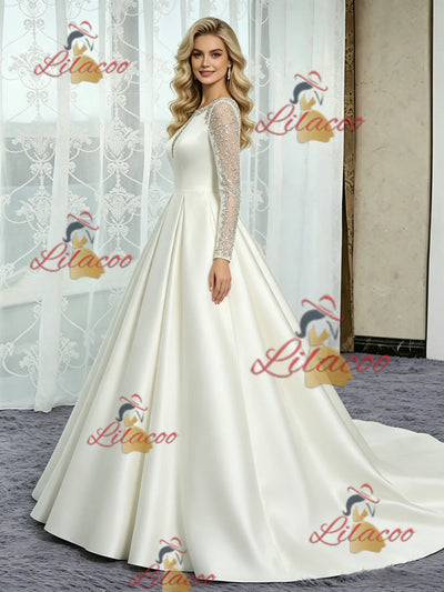 Ivory Satin Long Sleeve Beading Wedding Dress