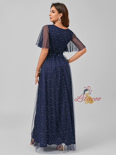 Navy Blue Tulle V-neck Prom Dress