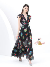 Retro Deep V-neck Floral Long Dress