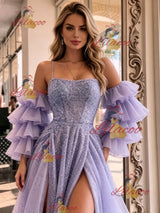 Purple Tulle Sequins Puff Sleeve Prom Dress