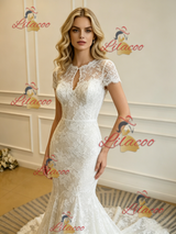 White Mermaid Lace Short Sleeve Wedding Dress