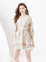 V-neck Lantern Sleeve Retro Printed Mini Dress