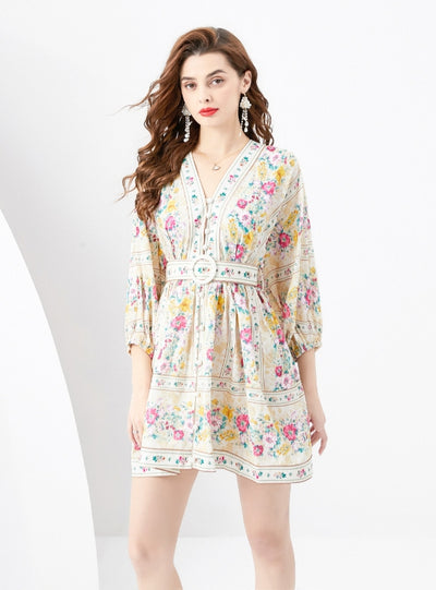 V-neck Lantern Sleeve Retro Printed Mini Dress