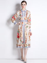 Lapel Slim Fit Mid-length Printed Shirt Dress