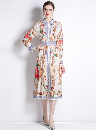 Lapel Slim Fit Mid-length Printed Shirt Dress