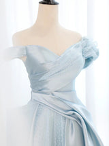 Blue Satin Tulle Off the Shoulder Pleats Prom Dress