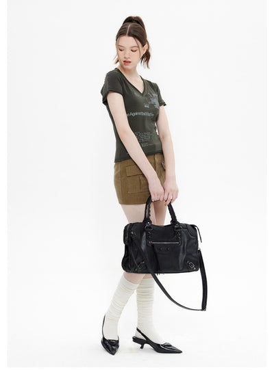 Retro Printed V-neck Short Sleeve T-shirt