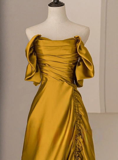 Yellow Satin Off the Shoulder Pleats Prom Dress
