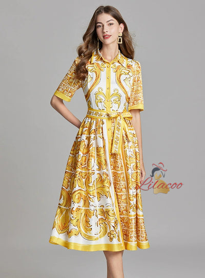 Retro Printed Silm Waist Lapel Shirt Dress