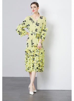 Heavy Industry Wood Ear Print Waist Pleats Dress