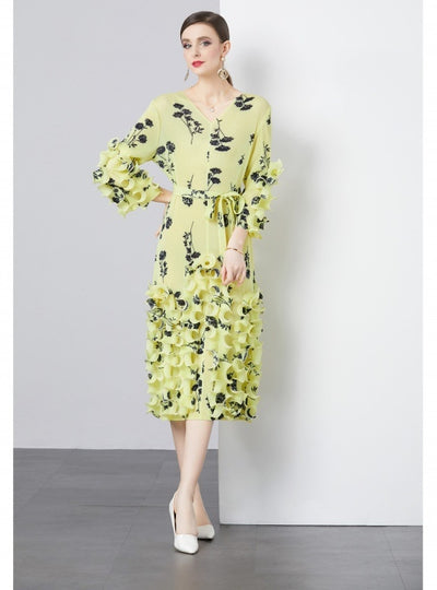 Heavy Industry Wood Ear Print Waist Pleats Dress