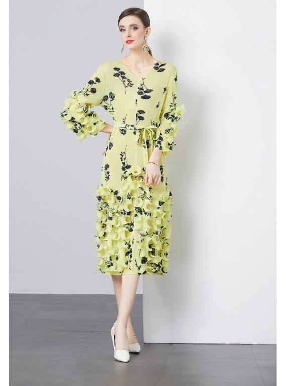 Heavy Industry Wood Ear Print Waist Pleats Dress