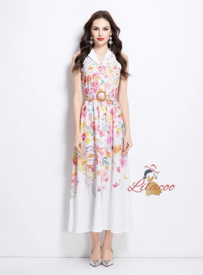 Sleeveless Oil Painting Flower Holiday Style Dress