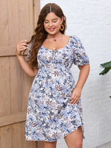 Square Neck Short Sleeve Floral Plus Size Dress