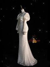 Ivory Satin Sequins Long Sleeve Wedding Dress