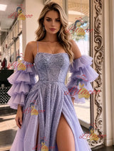 Purple Tulle Sequins Puff Sleeve Prom Dress