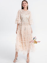 Heavy Industry Embroidery Flower Mesh Knee-length Dress