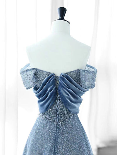 Blue Tulle Sequins Off the Shoulder Pleats Prom Dress