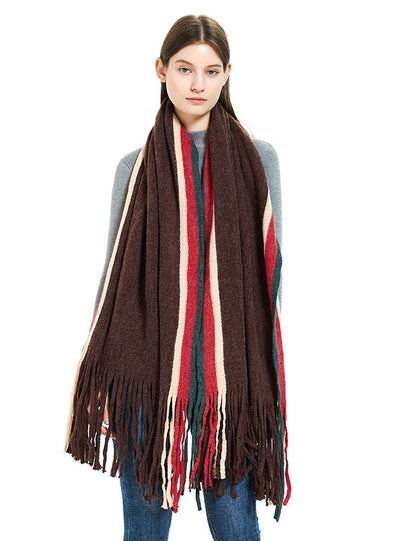 Warm Scarf Striped Solid Color Fringed Wool Scarf