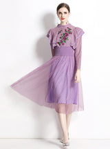 Purple Long Sleeve Lace Embroidery Gauze Dress