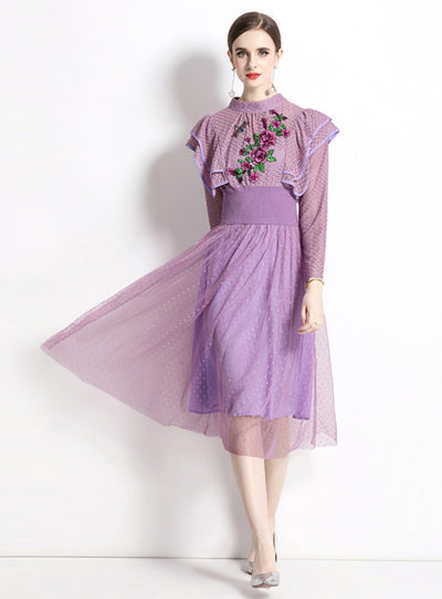 Purple Long Sleeve Lace Embroidery Gauze Dress