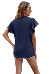 V-neck Short Sleeve Solid Color Chiffon Shirt