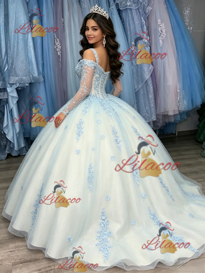 White Tulle Appliques Long Sleeve Quinceanera Dress