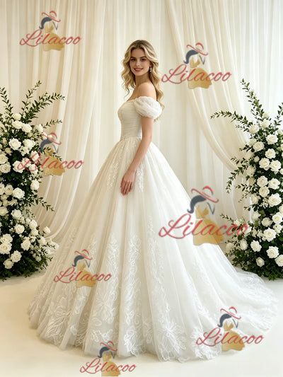 Beige White Tulle Lace Appliques Wedding Dress