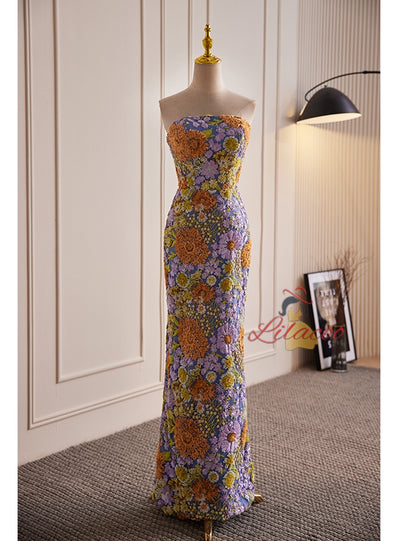 Mermaid Flower Sequins Strapless Tulle Prom Dress
