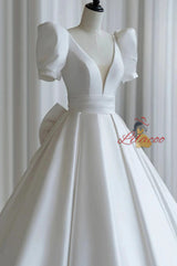 White Satin Puff Sleeve V-neck Wedding Dress